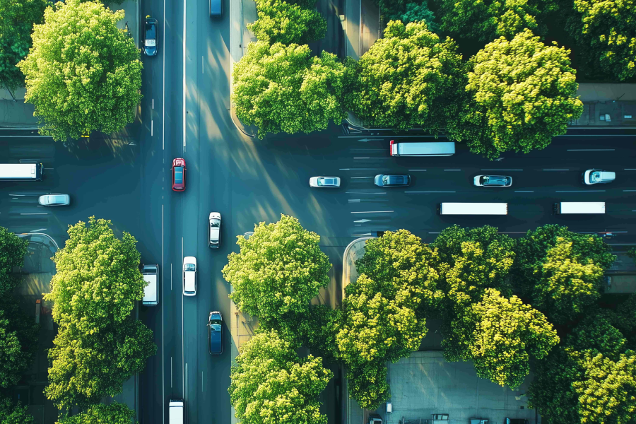 Aerial view of a tree-lined city street with cars driving by—a symbolic image of modern vehicle administration and fleet management