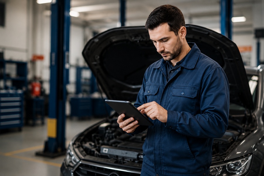 A mechanic analyzes vehicle data using a tablet—AI supports predictive maintenance in the fleet by enabling proactive maintenance and preventing vehicle breakdowns.